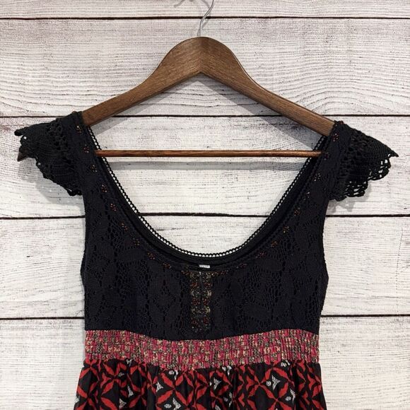 Free People Red Bohemian Festival Strap Dress Crochet Top Beads Size 0 - Picture 7 of 11